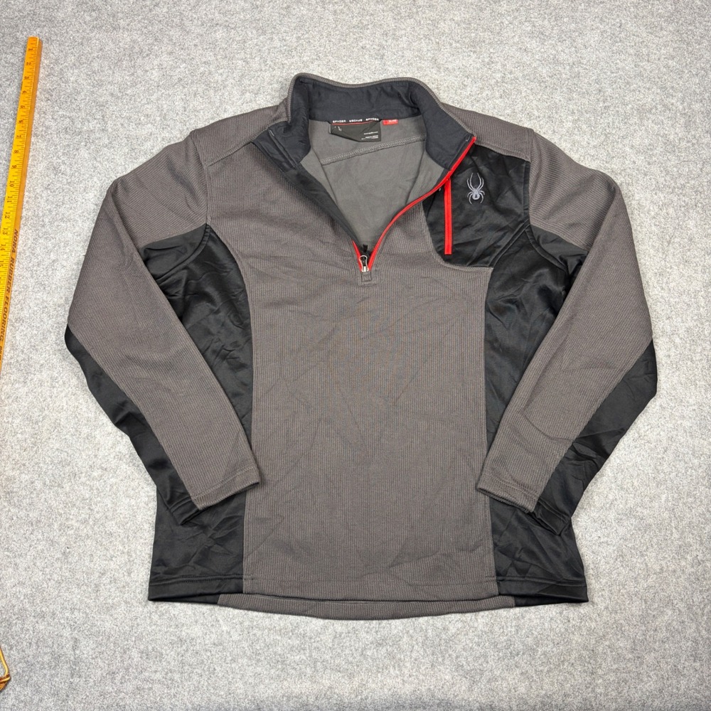 Spyder Mens XL Gray Black Quarter Zip Pullover Grid Fleece Jacket Red Trim